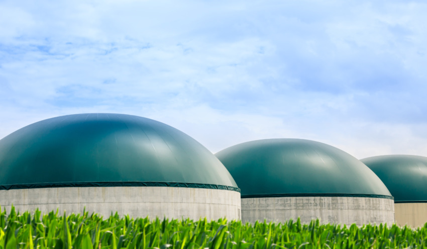 Imagem mostrando 3 tanques de armazenamento de biogás ou biometano, de cúpula redonda, num espaço de relvado verde.