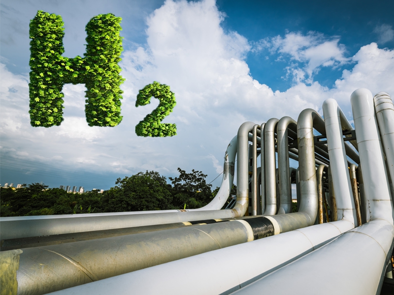Imagem ilustrativa de canalização para circulação de gás natural, com sigla de H2. 
