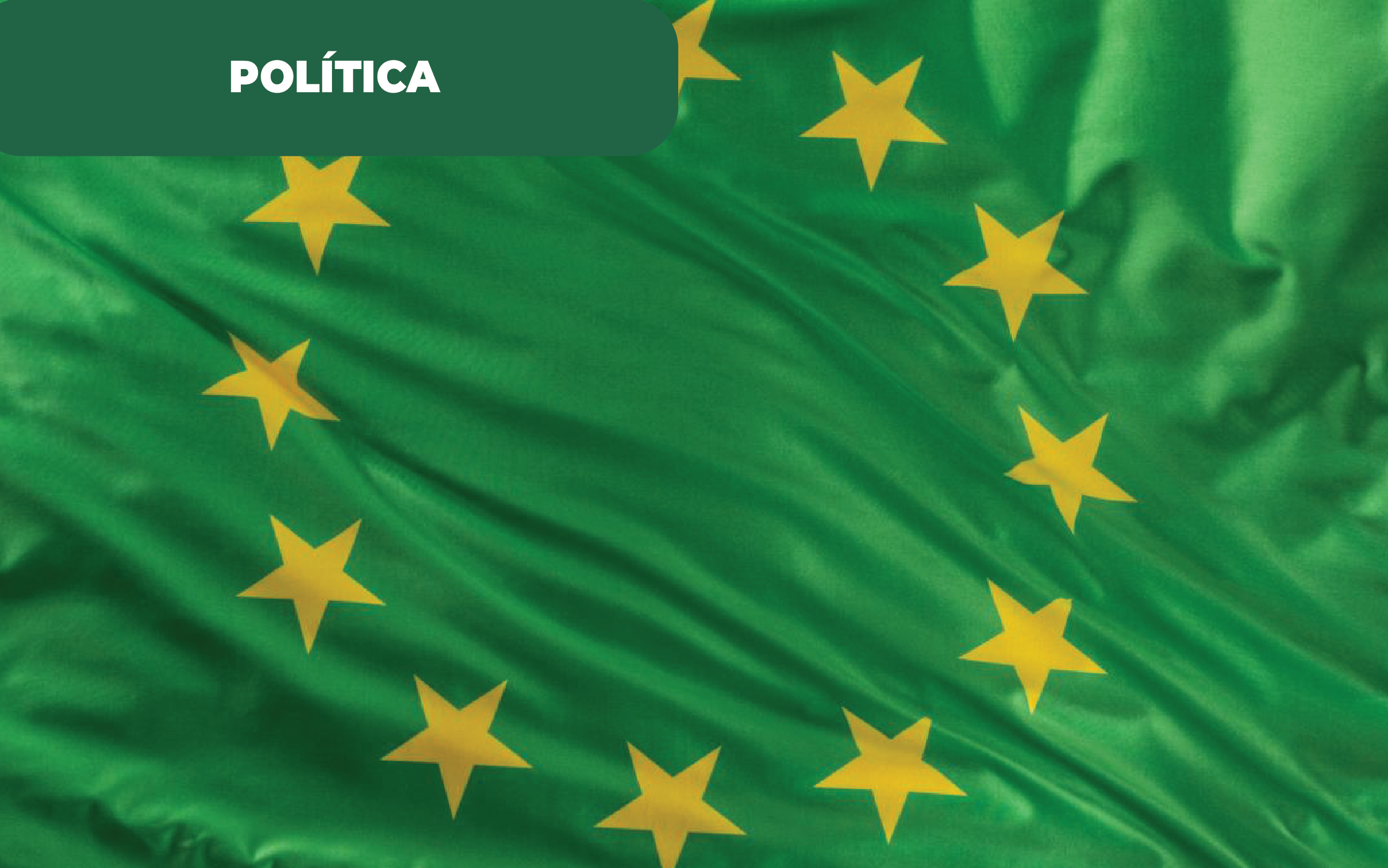 Imagem colorida da bandeira da União Europeia, com fundo verde e estrelas amarelas. Uma alusão à Europa verde e resposta da sociedade à rapidez da transição energética