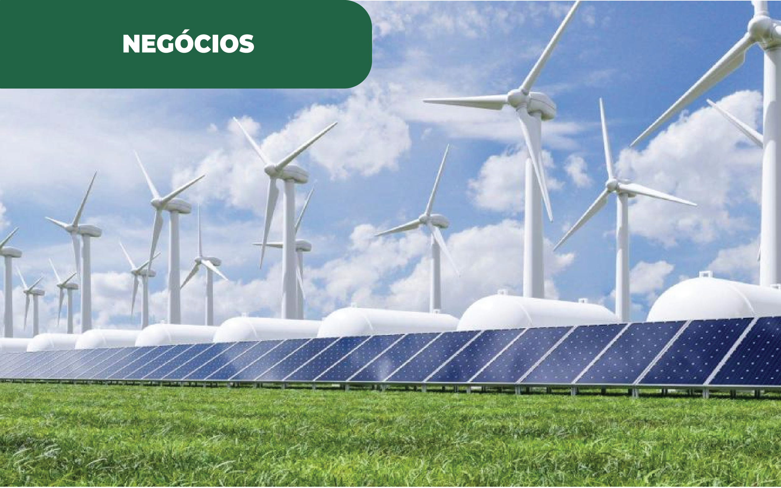 Imagem colorida apresentando um parque eólico e fotovoltaico, com painéis solares - uma das origem da produção de hidrogénio verde em Portugal