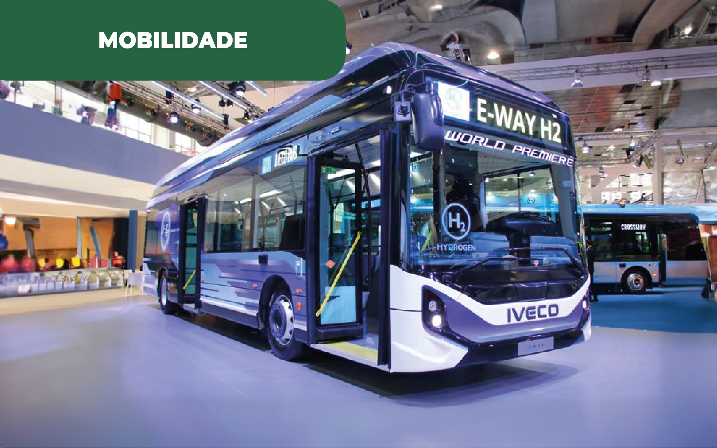 Fotografia colorida do novo autocarro a hidrogénio, concretizado pela Hyundai e Iveco.