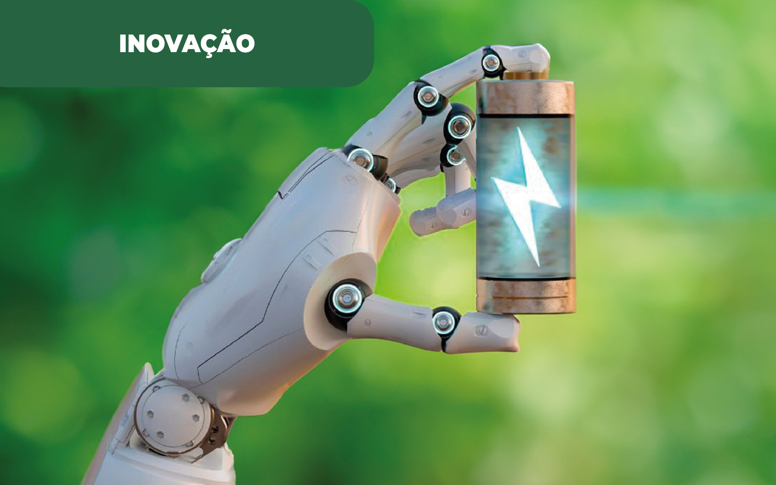 Imagem colorida e ilustrativa de uma mão "mecânica", robotizada, representando a Inteligência Artificial ou IA, segurando uma pilha/bateria representando uma fonte de energia, com um Z, no interior. Na Microsoft, a IA ajuda à geração de materiais, num trabalho que envolve várias áreas de engenharia.