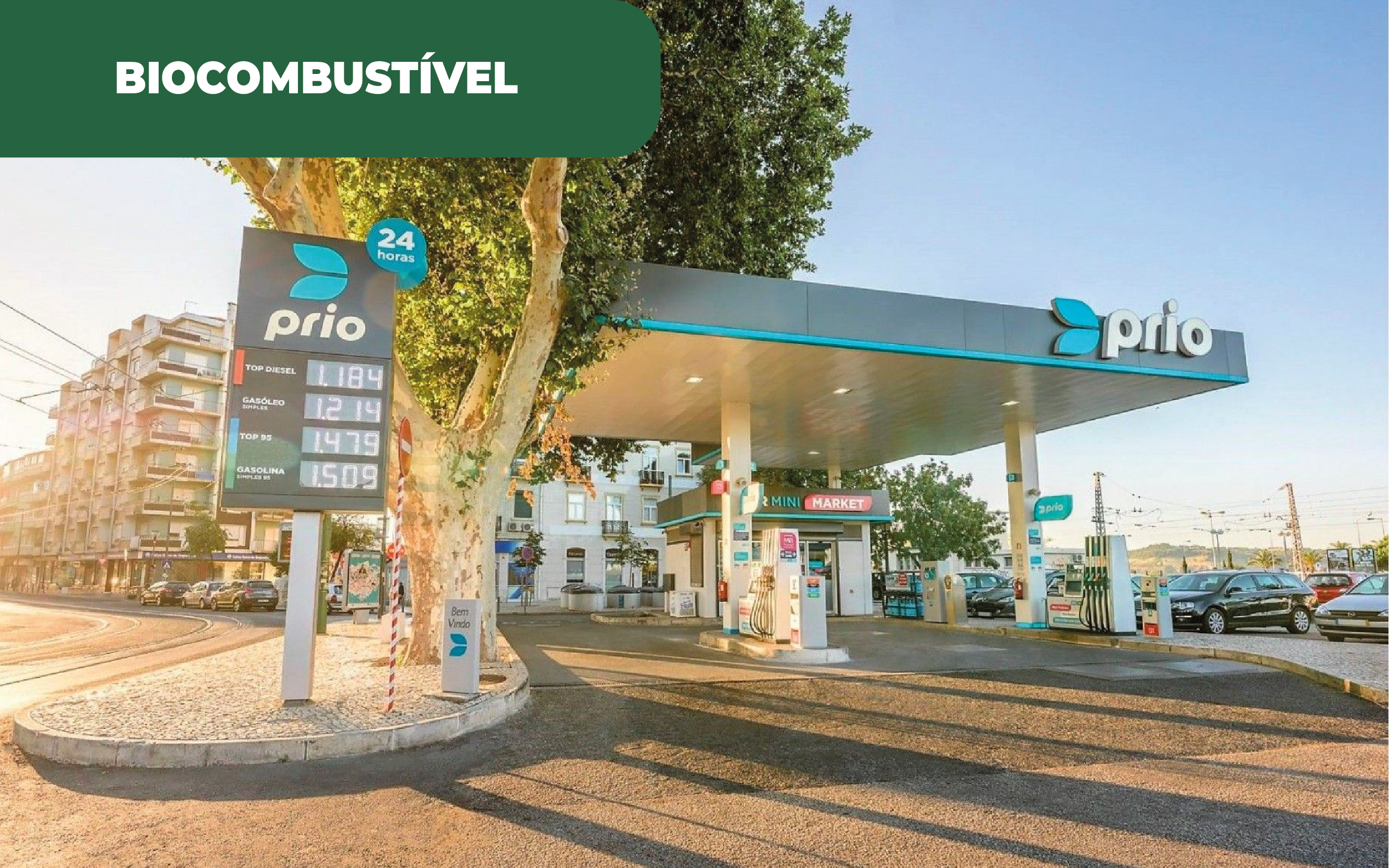 Imagem colorida de posto de abastecimento da PRIO. Novo combustível 100% renovável é apresentado pela empresa portuguesa, que espera alargar a disponibilidade a todo o país, ao longo de 2024
