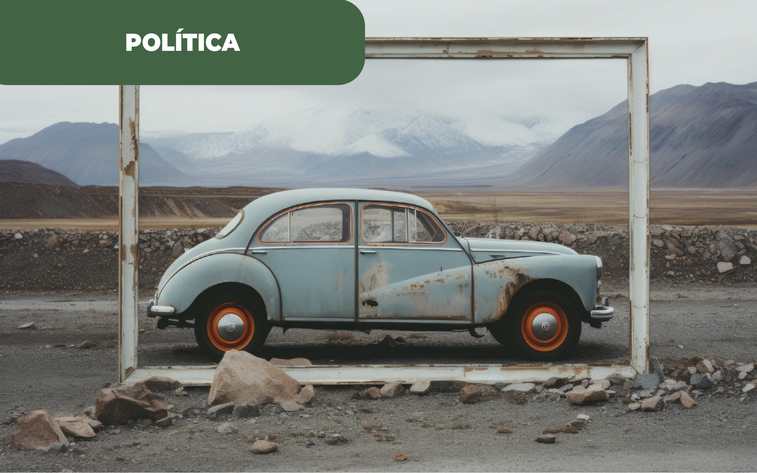 Imagem ilustrativa de um automóvel, de cor azul, num descampado, com montanhas em fundo. O automóvel apresenta-se degradado e em fim de vida. O apoio no abate a carros em Portugal é essencial para renovar uma frota que tem mais de 10 anos.